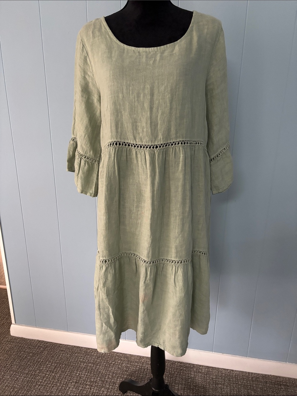 Lungo L’Arno Sage Green 100% Linen Tiered Boho Midi Dress Medium Made in Italy